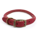 Red leather ancol timberwolf round collar raspberry with brass buckle and ancol engraved on the side