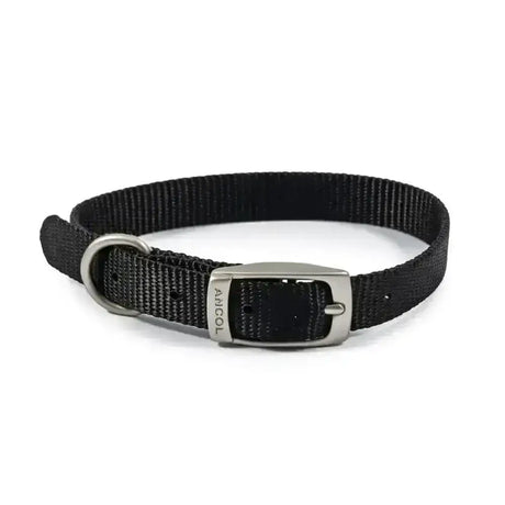 Ancol viva buckle collar black made of durable poly-weave webbing with a silver metal buckle and d-ring