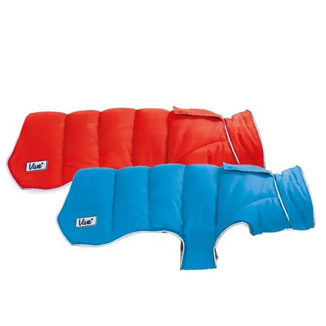 Red and blue padded dog coat reversible with white trim featuring viva brand logo ancol viva dog coat