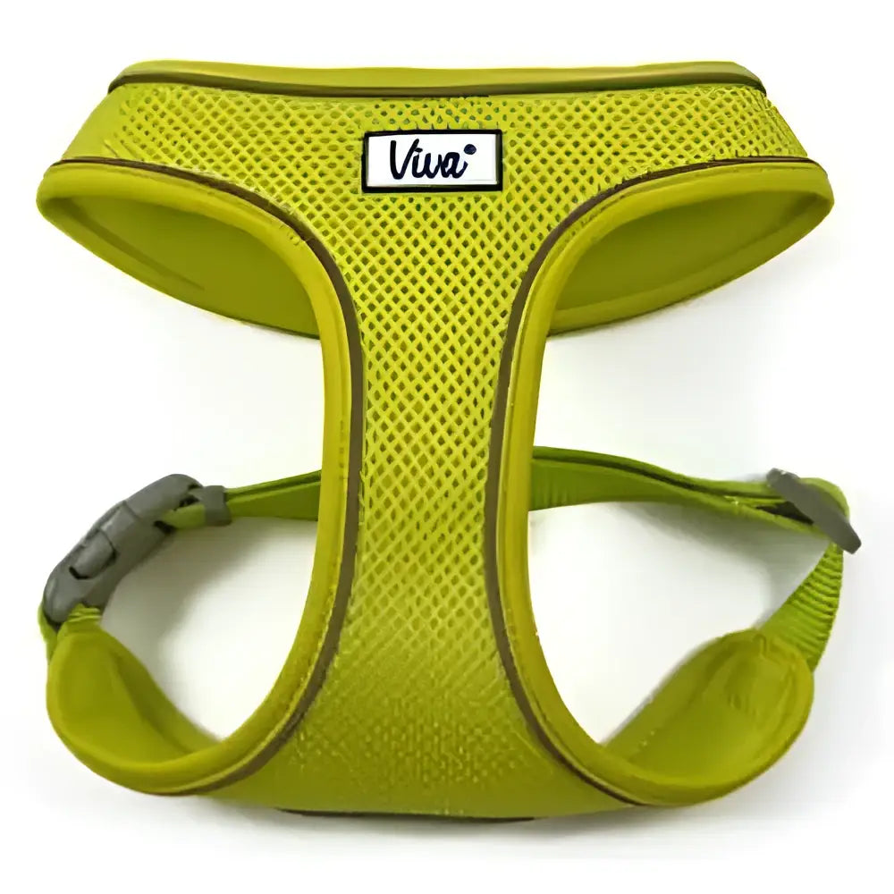 Lime green ancol viva mesh dog harness with gray plastic buckles made from breathable mesh material