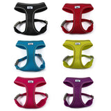 Six vibrant ancol viva mesh dog harnesses in black red blue lime green pink and purple with gray buckles and mesh back
