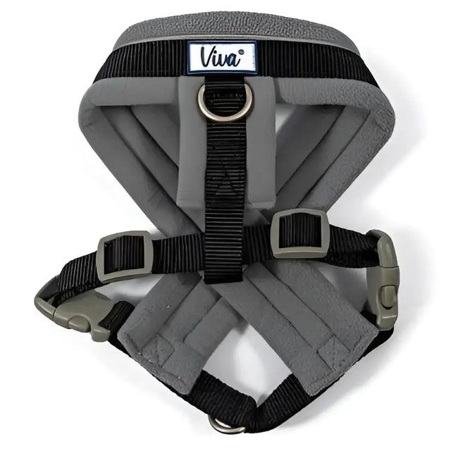 Gray ancol viva padanish designed dog harness with black webbing and gray plastic buckles in size small 32-42cm
