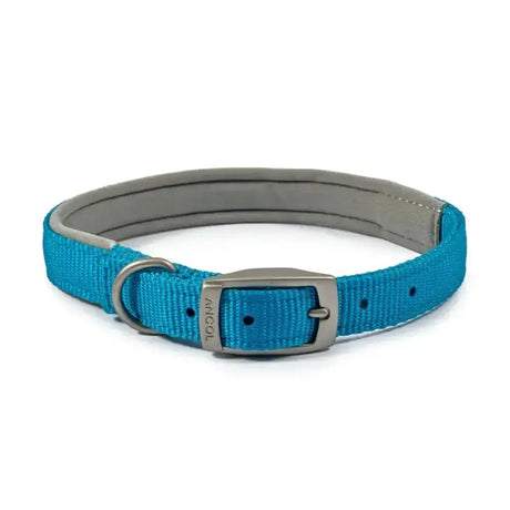 Blue ancol viva padded collar with gray padded nylon interior and silver satin buckle for dogs