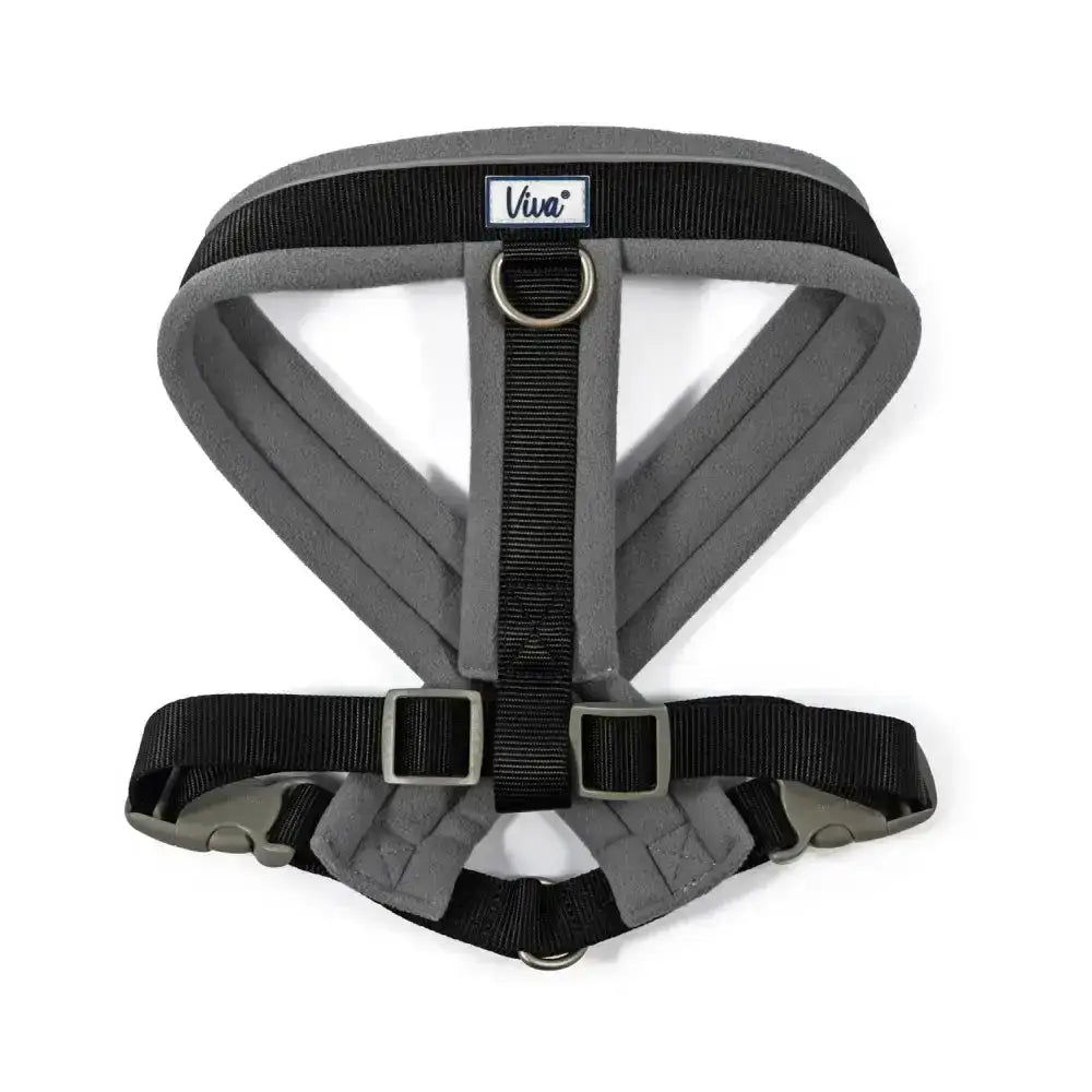 Gray and black ancol viva padded harness with poly-weave webbing padded straps and metal hardware for dogs