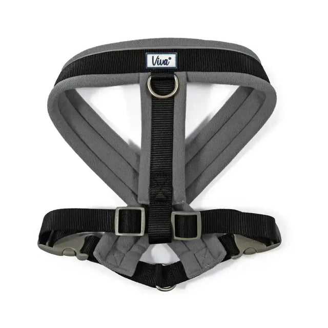 Gray and black ancol viva padded harness with poly-weave webbing padded straps and metal hardware for dogs