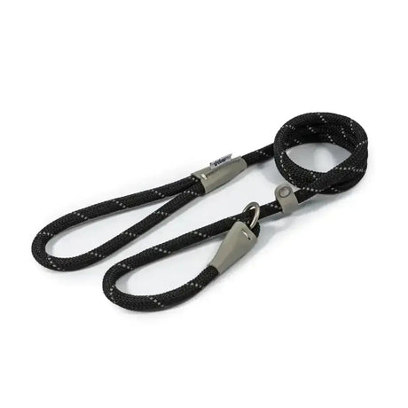 Black braided ancol viva rope slip lead with silver hardware and white reflective stitching made of durable poly-weave webbing