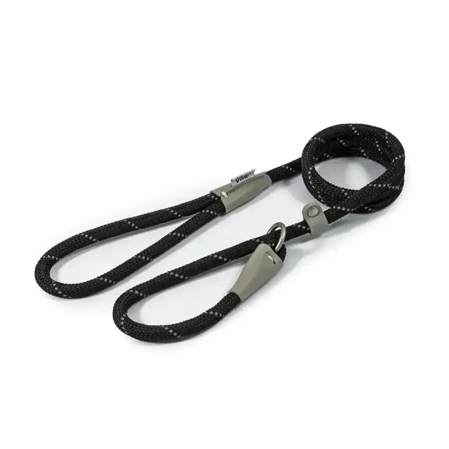 Black braided ancol viva rope slip lead with silver hardware and white reflective stitching made of durable poly-weave webbing