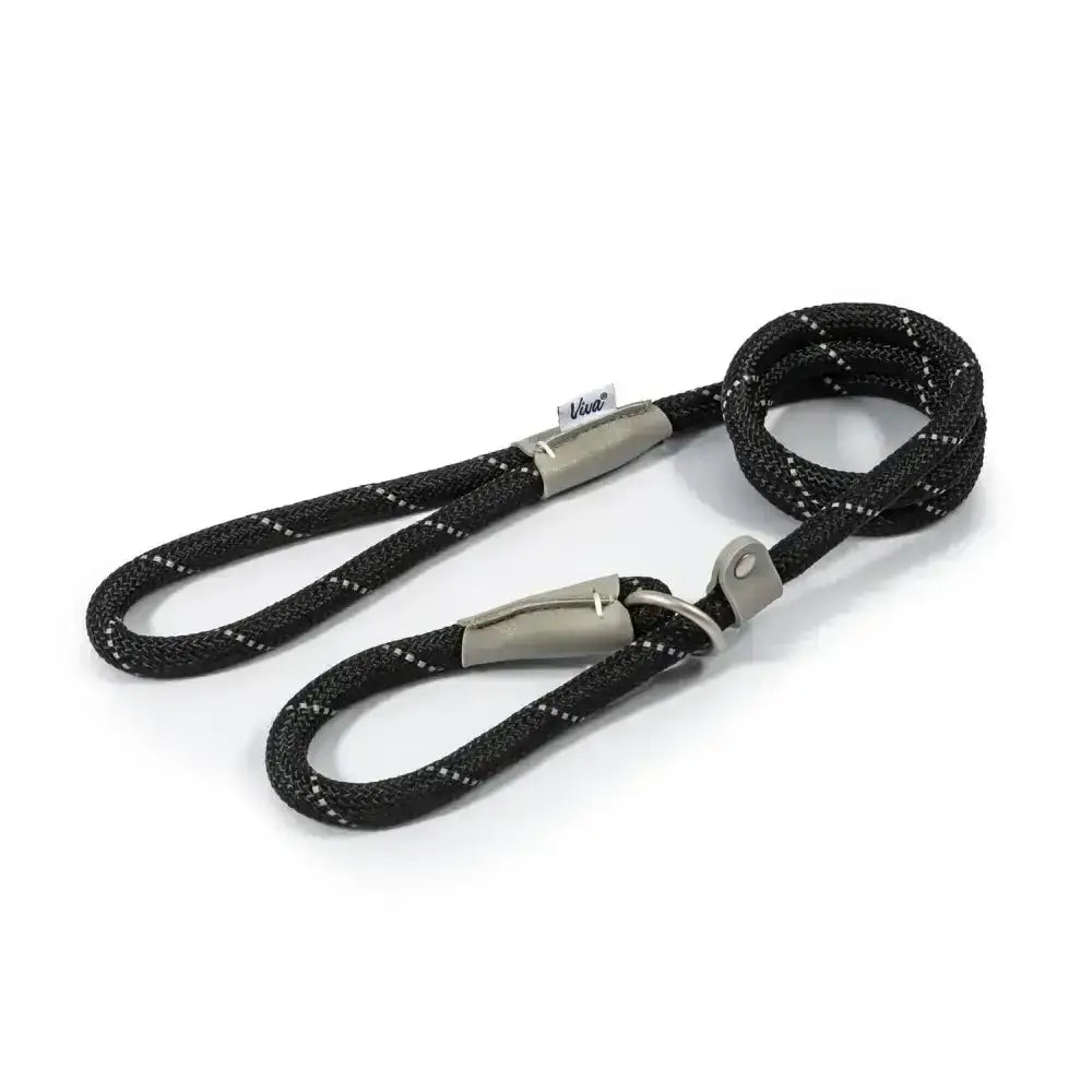 Black braided ancol viva rope slip lead with silver hardware and durable poly-weave webbing for easy control