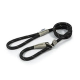 Black ancol viva rope slip lead made of durable poly-weave webbing with silver metal hardware and white tag