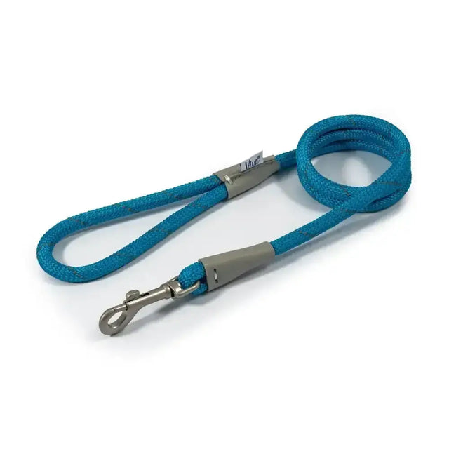 Teal ancol viva rope snap lead with braided rope, silver metal clasp, and gray plastic handle grips
