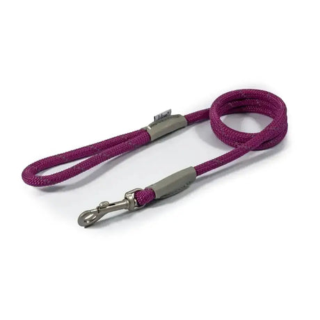 Ancol Viva Rope snap lead purple with vibrant magenta braided rope gray plastic handles and silver metal clasp