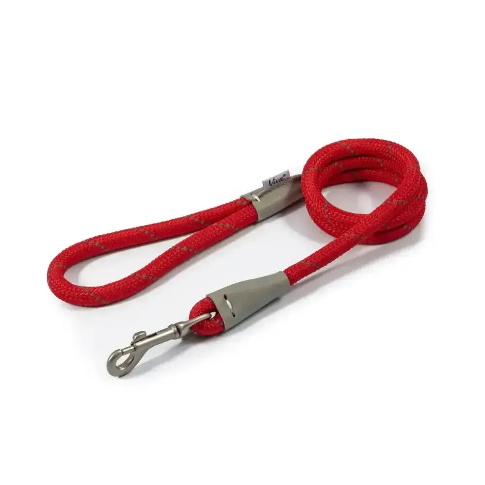 Red braided rope snap lead with gray plastic handle and metal clasp from ancol viva rope for easy dog control