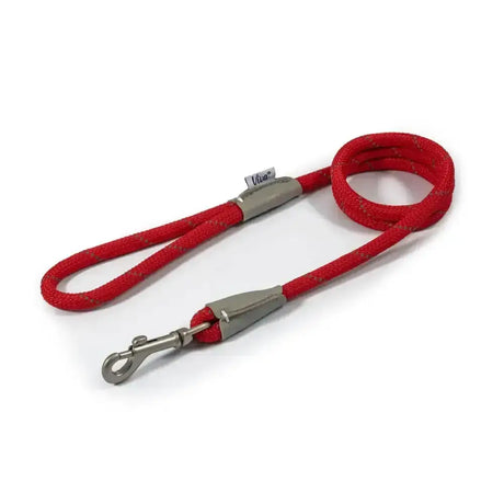 Red woven ancol viva rope snap lead with silver metal hardware and branded tag for easy dog walking