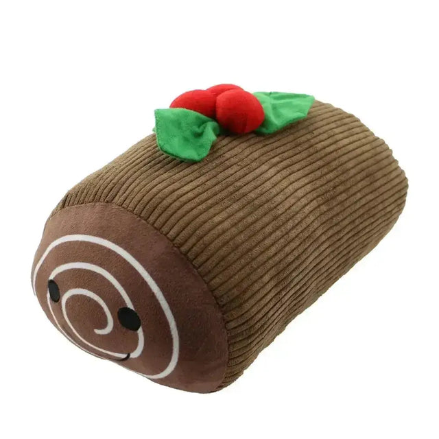 Brown corduroy plush ancol yogi yule log dog toy shaped like a cake with red berries and green leaves on top
