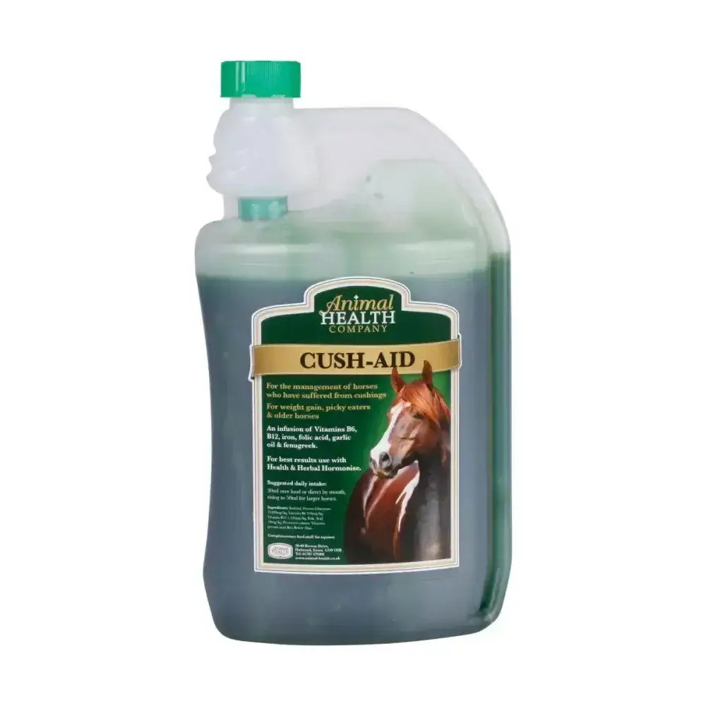 Green liquid cush-aid bottle by animal health company with horse hormonal label for equine support