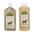 Two transparent plastic bottles of animal health company fresh frog natural hoof oil in clear and amber liquids with horse labels
