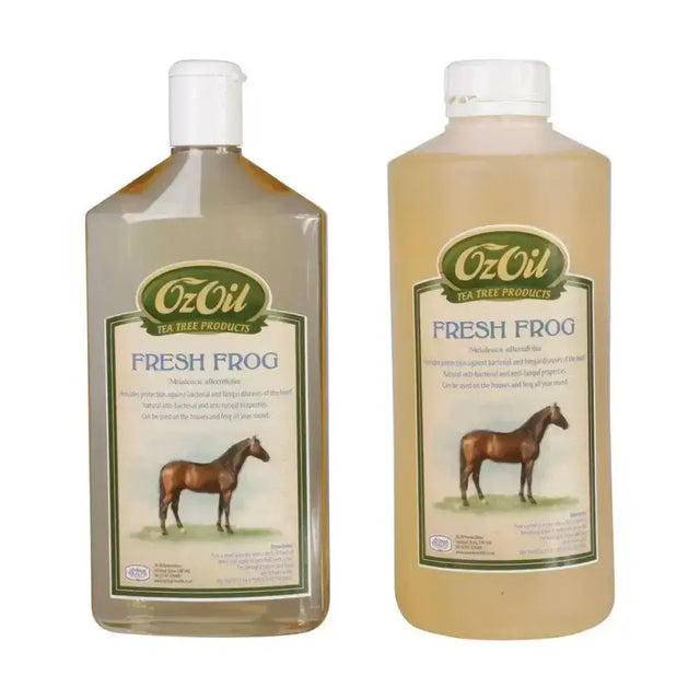 Two transparent ozoil fresh frog natural hoof oil bottles with clear and amber liquids from animal health company