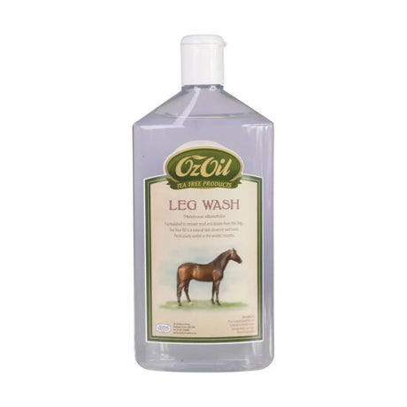 Clear plastic bottle of animal health company leg wash with white cap and horse illustration for washing horses legs and remove mud