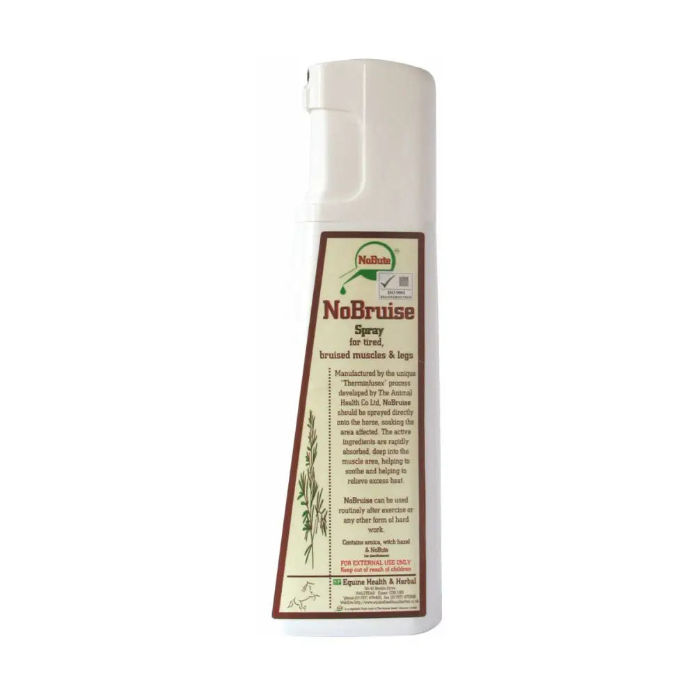 White plastic spray bottle from animal health company nobruise to relieve excess heat and soothe tired bruised muscles
