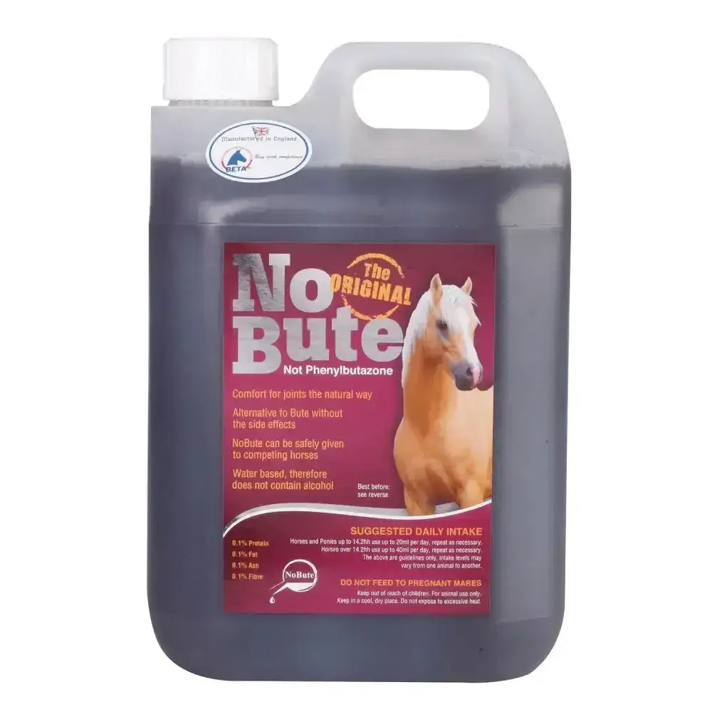 A translucent dark gray plastic jug with white cap and handle labeled nobute for maintaining healthy joints by animal health company