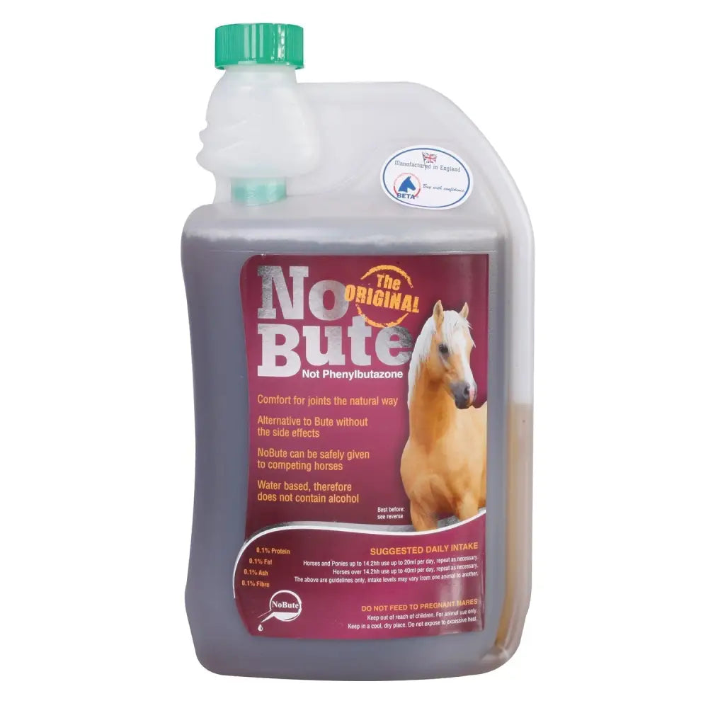 A translucent plastic bottle with green cap filled with dark purple nobute liquid by animal health company for maintaining healthy joints