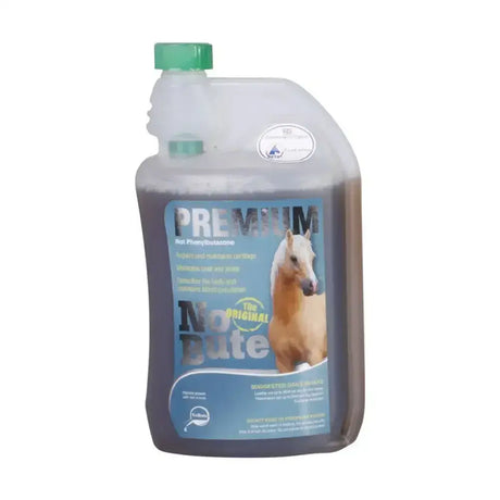 A translucent plastic bottle with green cap containing dark liquid labeled premium no dye from animal health company nobute premium for horse vitamins glucosamine sulphate