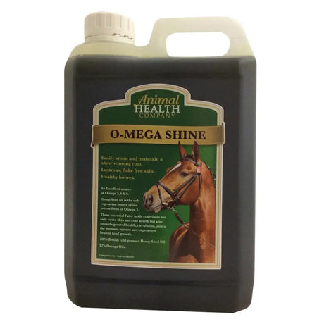 Dark green plastic o-mega shine jug with white handle and cap for horse skin care and flake free skin by animal health company
