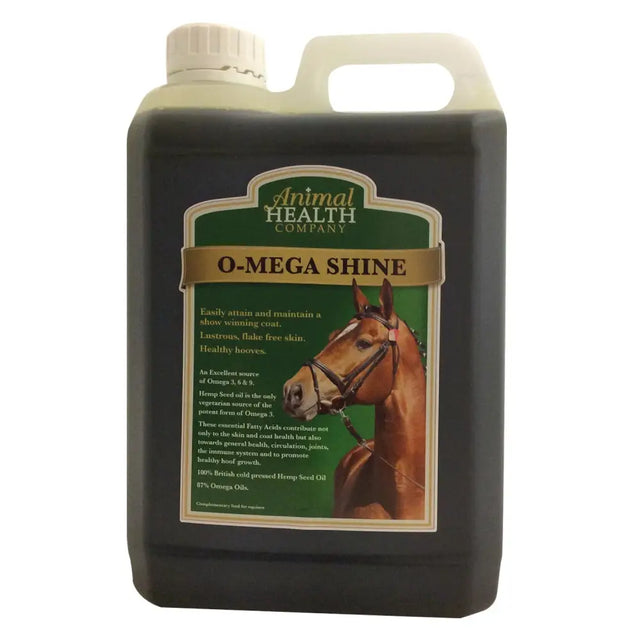 Dark green plastic o-mega shine jug with white handle and cap for horse skin care and flake free skin by animal health company