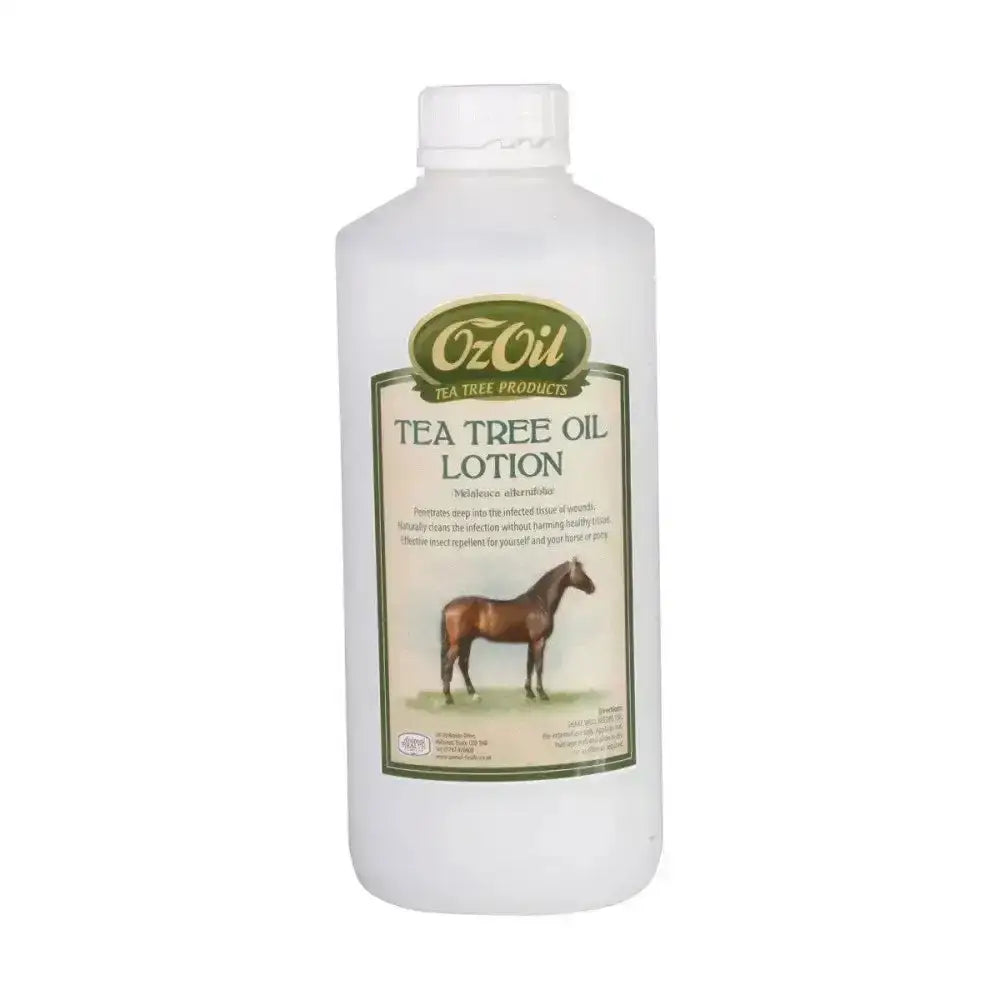 A white plastic bottle of animal health company ozoil tea tree lotion with a green beige label showing a horse illustration