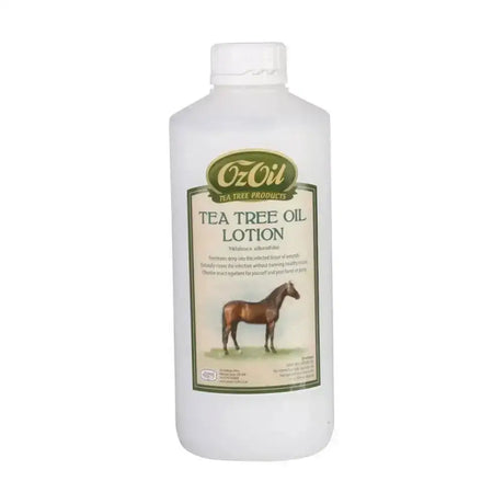 A white plastic bottle of animal health company ozoil tea tree lotion with a green beige label showing a horse illustration