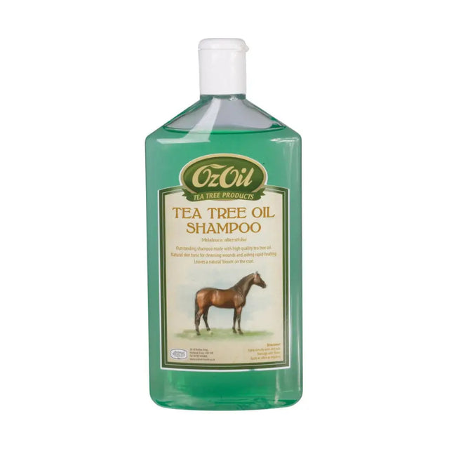 Green plastic bottle of animal health company ozoil tea tree oil shampoo with white cap and horse illustration label