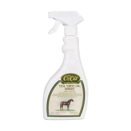 White plastic spray bottle of animal health company ozoil tea tree oil spray with green label featuring a horse illustration
