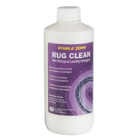 White plastic bottle of animal health company rug clean laundry detergent with purple label for washable rugs cleaning
