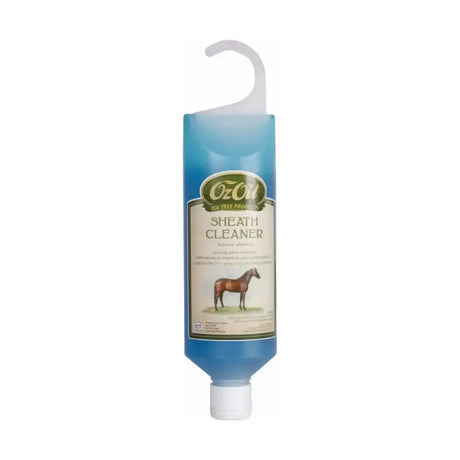 Blue plastic bottle of animal health company sheath cleaner with white cap and hook to remove accumulated body dirt