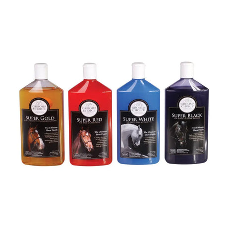 Four colorful bottles of animal health company super shampoo for high quality shampoos in gold red white and black