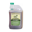 A translucent plastic bottle with a green cap labeled tranquil by animal health company contains a calmer based aqueous infusion