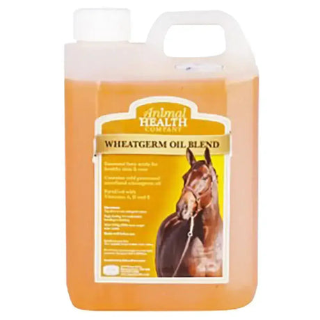 A translucent orange plastic jug with white handle and cap labeled animal health company wheatgerm oil blend vitamin fortified supplement featuring a horse image