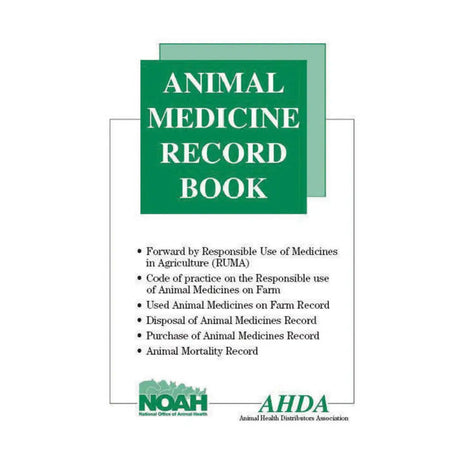 Green-covered animal medicine record book with white text logos for noah and ahda perfect for pom-vps medicines tracking