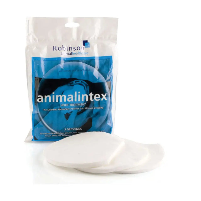 White soft-textured animalintex hoof treatment dressings in blue and white package by robinson animal healthcare