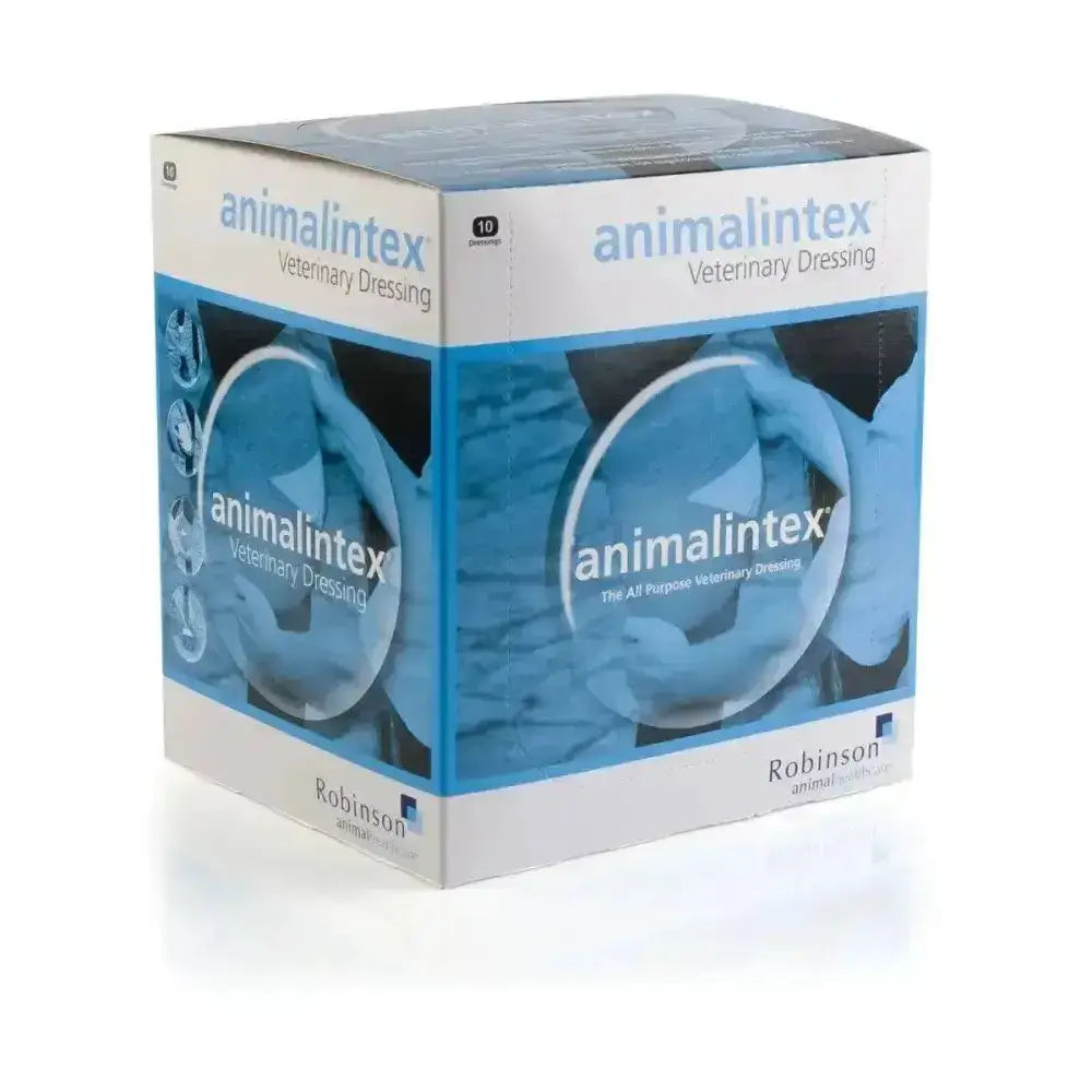 Blue and white box of animalintex poultice dressing veterinary medicinal product with pre-cut hoof poultice