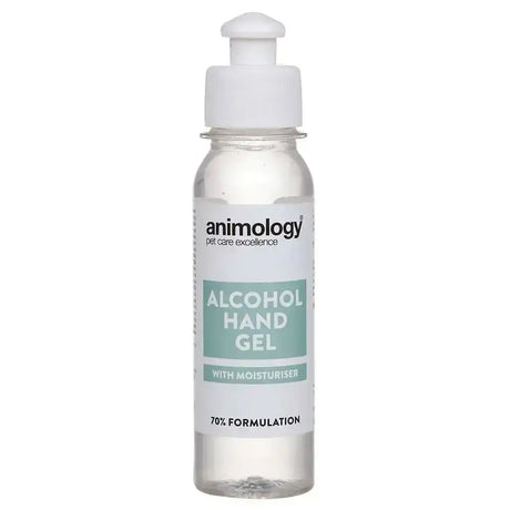 Clear plastic animology alcohol hand gel with white pump and added moisturiser in 70 percent hand gel formulation