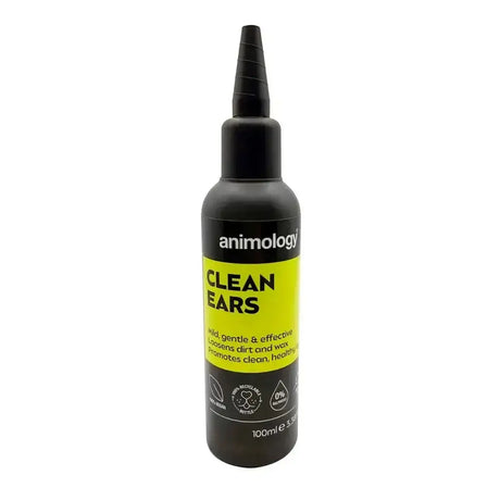 Black plastic bottle with bright yellow label and black cap animology clean ears effective cleansing solution for pets