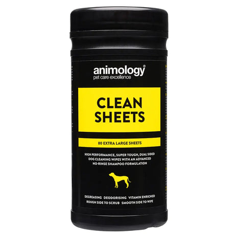 Black cylindrical container of Animology Clean Sheets, ultimate pet wipes for dogs