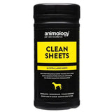 Black cylindrical container of animology clean sheets with bold yellow label featuring dog for ultimate pet wipe use