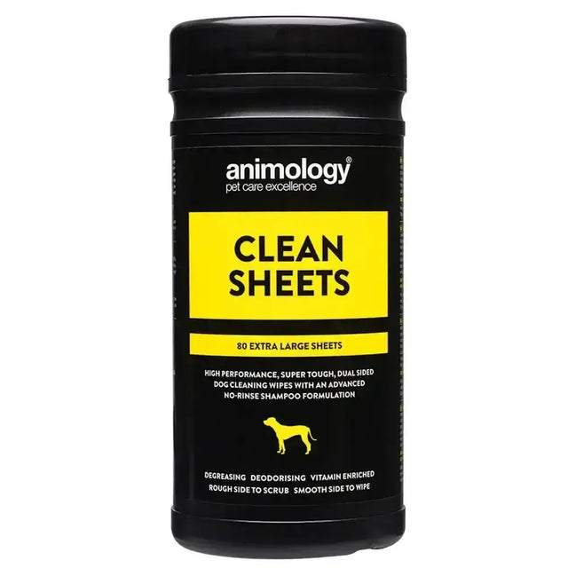 Black cylindrical container of animology clean sheets with bold yellow label featuring dog for ultimate pet wipe use