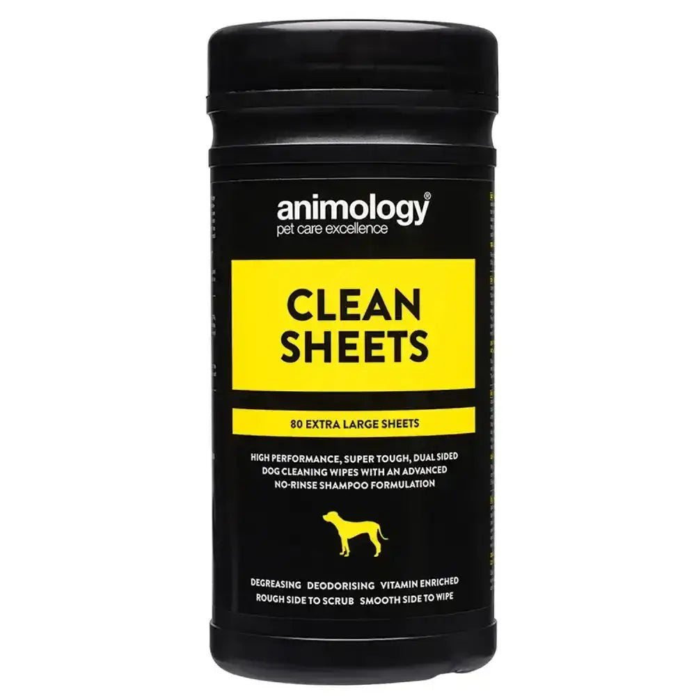 Black cylindrical container of animology clean sheets with bold yellow label featuring dog illustration for dual-sided dog cleaning ultimate pet wipe