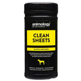 Black cylindrical container of animology clean sheets with bold yellow label featuring dog illustration for dual-sided dog cleaning ultimate pet wipe