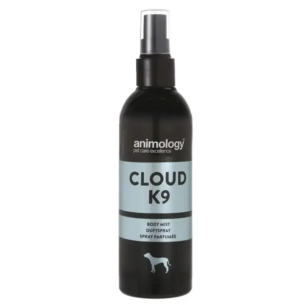Black plastic spray bottle with silver nozzle labeled animology cloud k9 body mist for masculine fresh cloud k9 body use