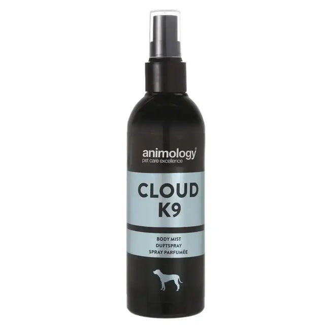 Black plastic spray bottle with silver nozzle labeled animology cloud k9 body mist for masculine fresh cloud k9 body use