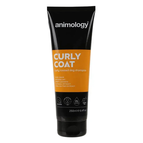 Black tube of animology curly coat shampoo with orange label and white text for curly coated dogs